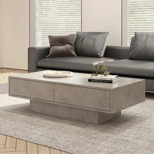 Table Basse Japandi Gris Béton avec 2 Tiroirs et Rangement Ouvert