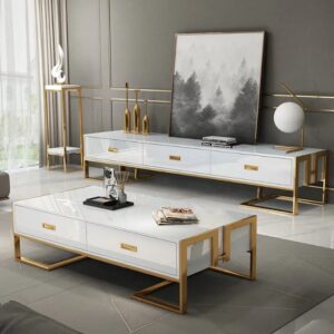 Jocise Meuble TV Blanc 3 Tiroirs Support TV avec Cadre Doré et Plateau en Verre Trempé